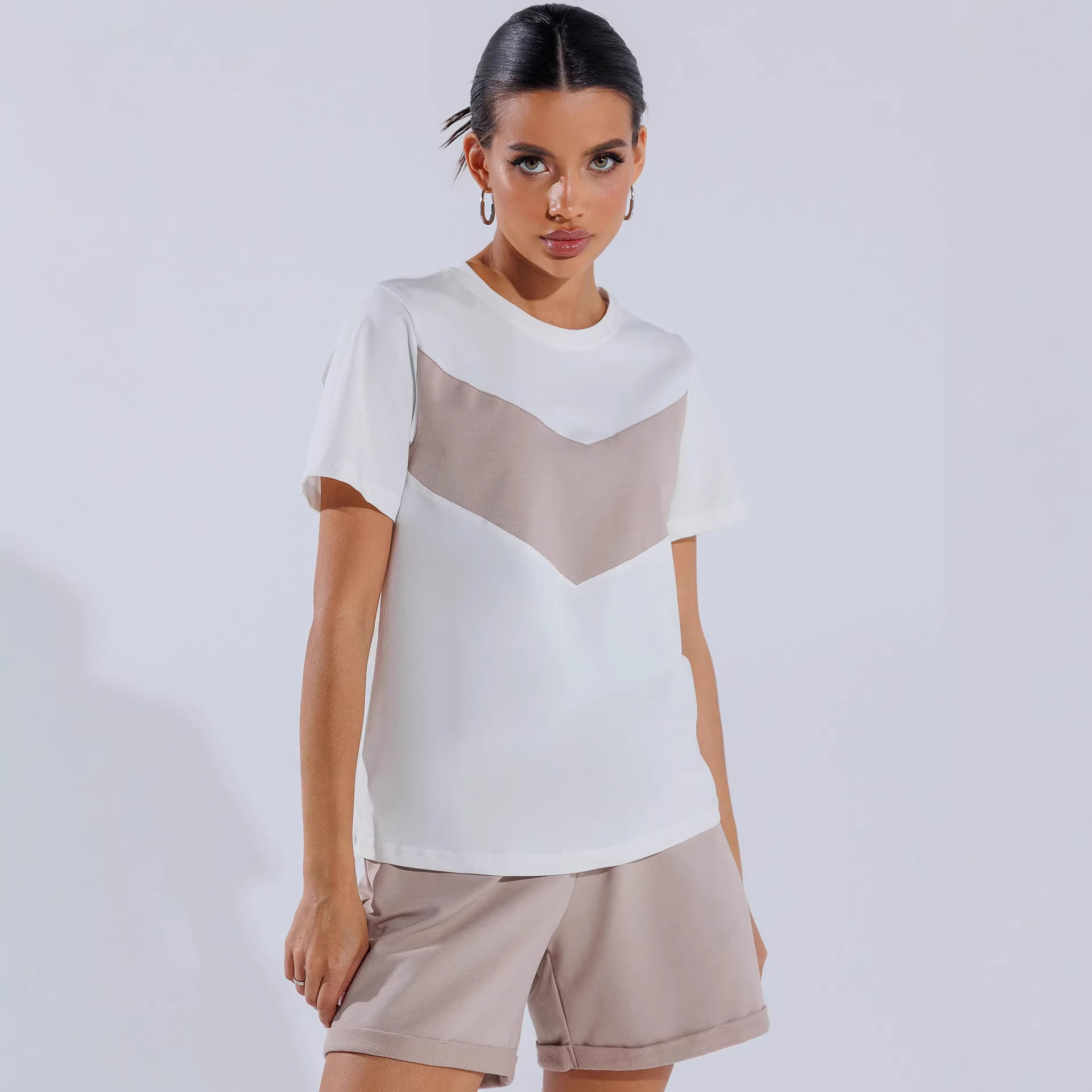 Women's Colorblock Short Sleeve T-Shirt Two-Piece Set Casual Short Outfit