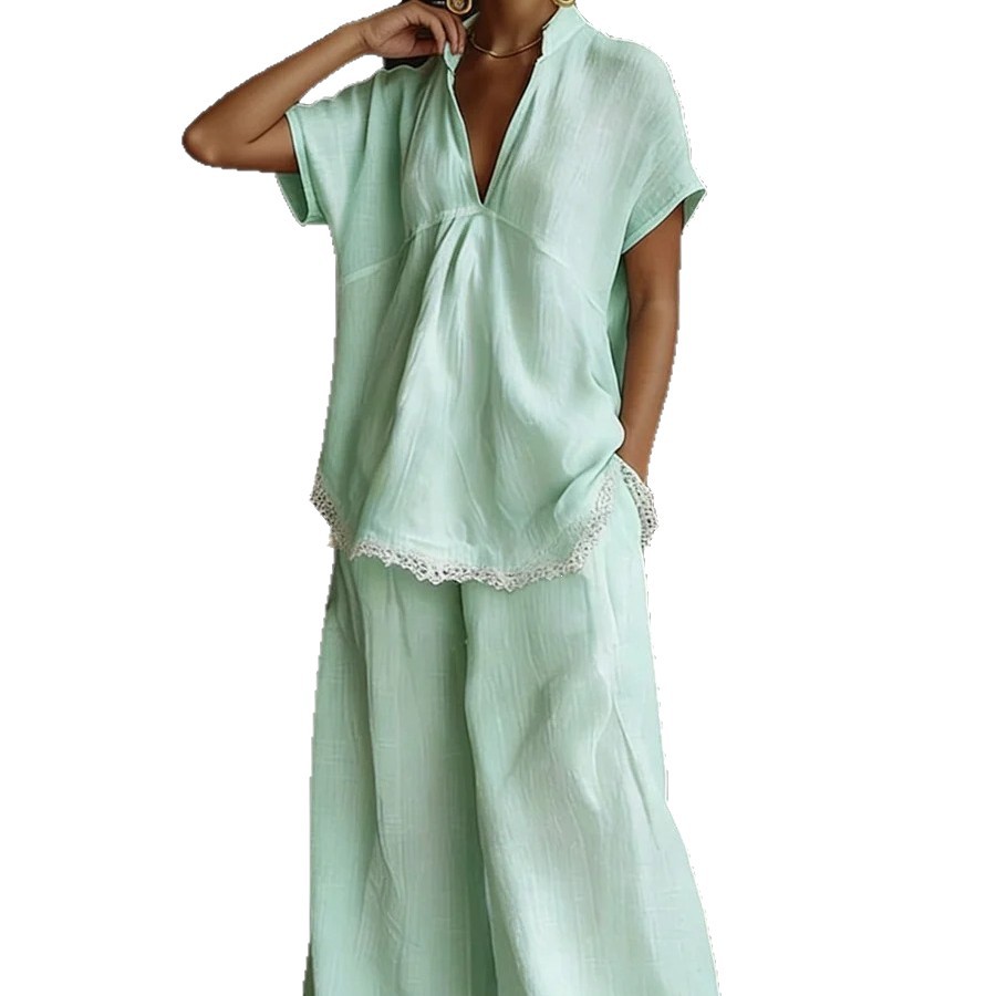 Women's Linen-Blend Short-Sleeve Shirt & Wide-Leg Pants Two-Piece Set
