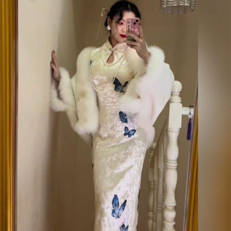Plus Size New Chinese Style Velvet Qipao Dress Slimming Bodycon Midi