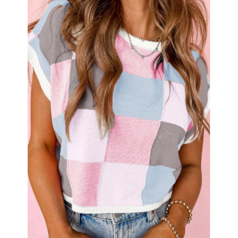 Color Block Checkered Cropped Knit Top