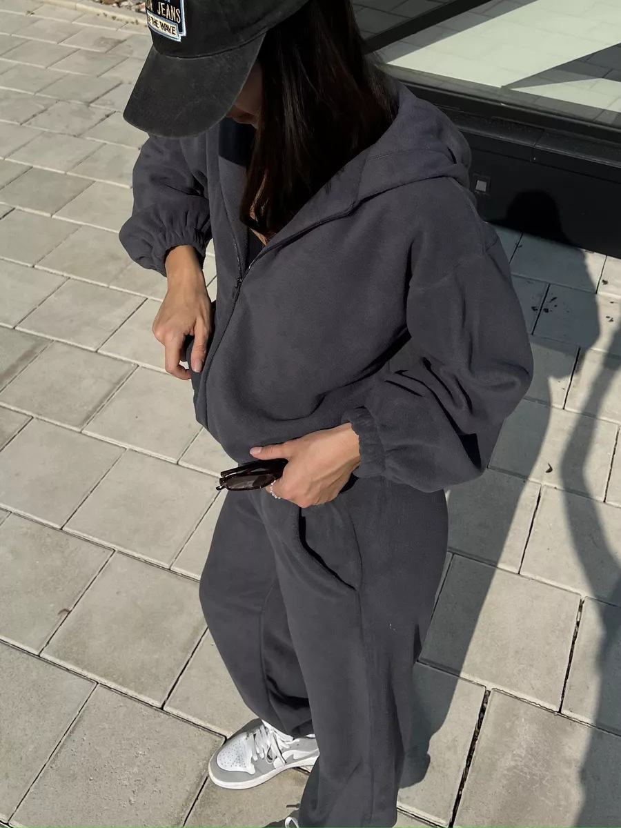 Women's Casual Hooded Zip-Up Tracksuit Set Long Sleeve Solid Color