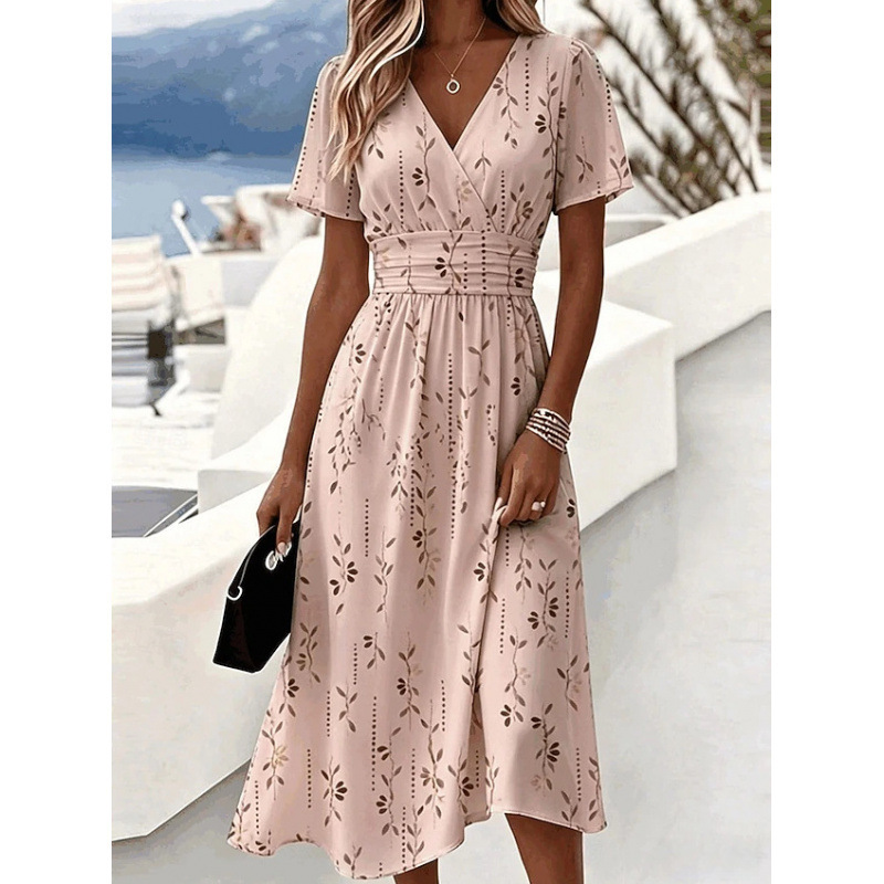 3D Vintage Floral Short Sleeve V-Neck Midi Dress with Flared Skirt