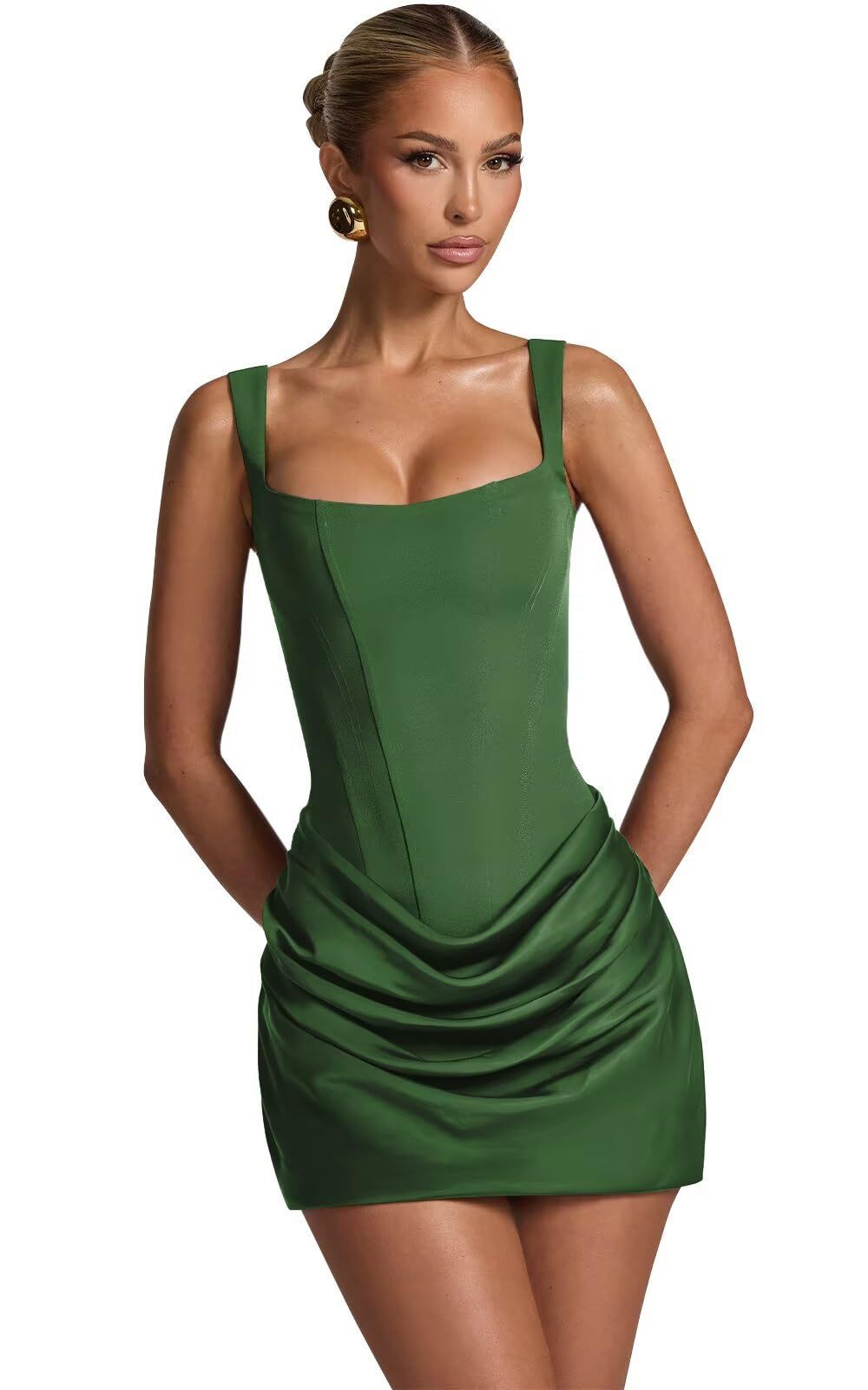 Square Neck Sleeveless High Waist Lace-Up Ruched Bodycon Mini Dress