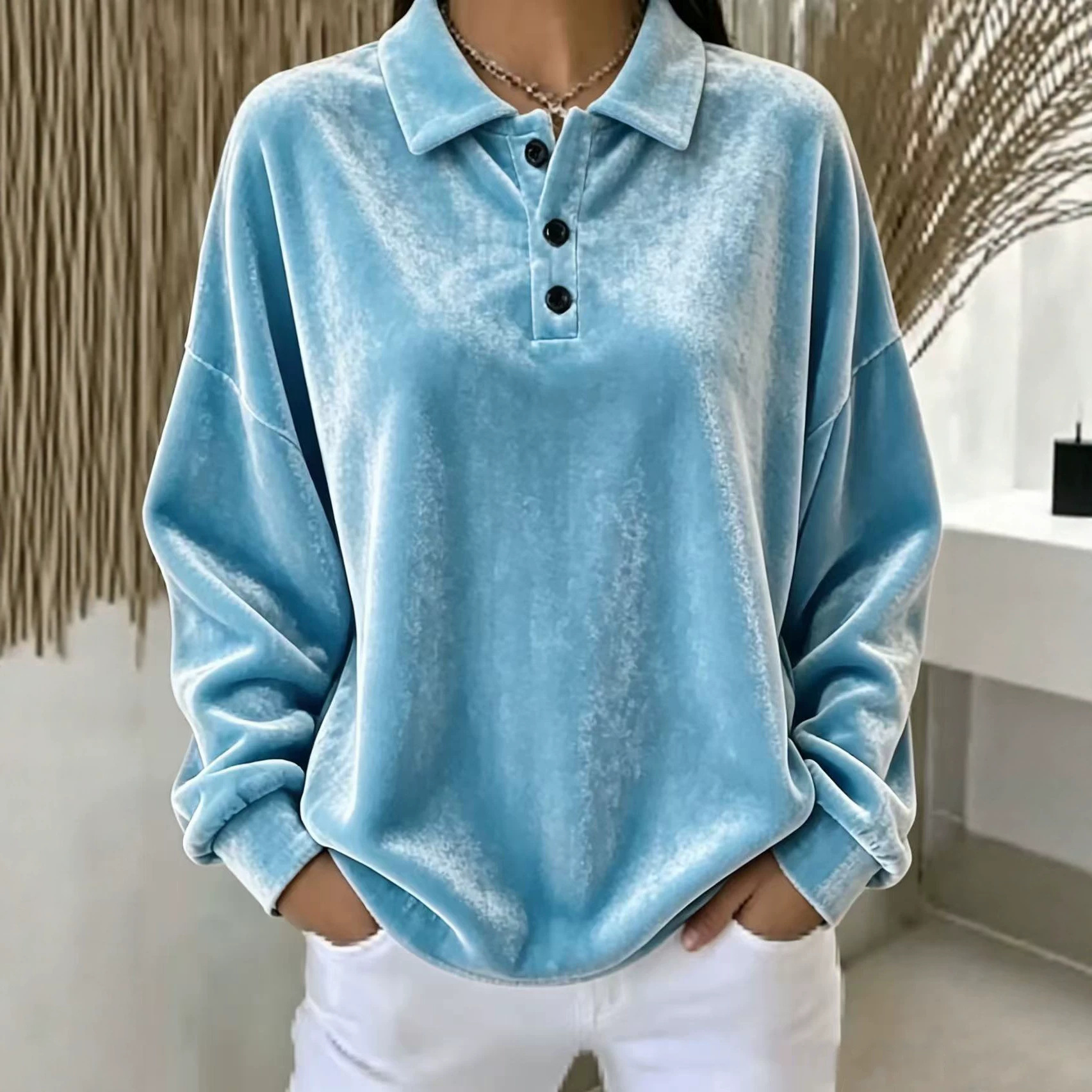 Women's Loose Velvet Button-Up Long-Sleeve Sweatshirt