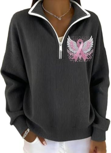 Wing Ribbon Print Half-Zip Stand Collar Hoodie