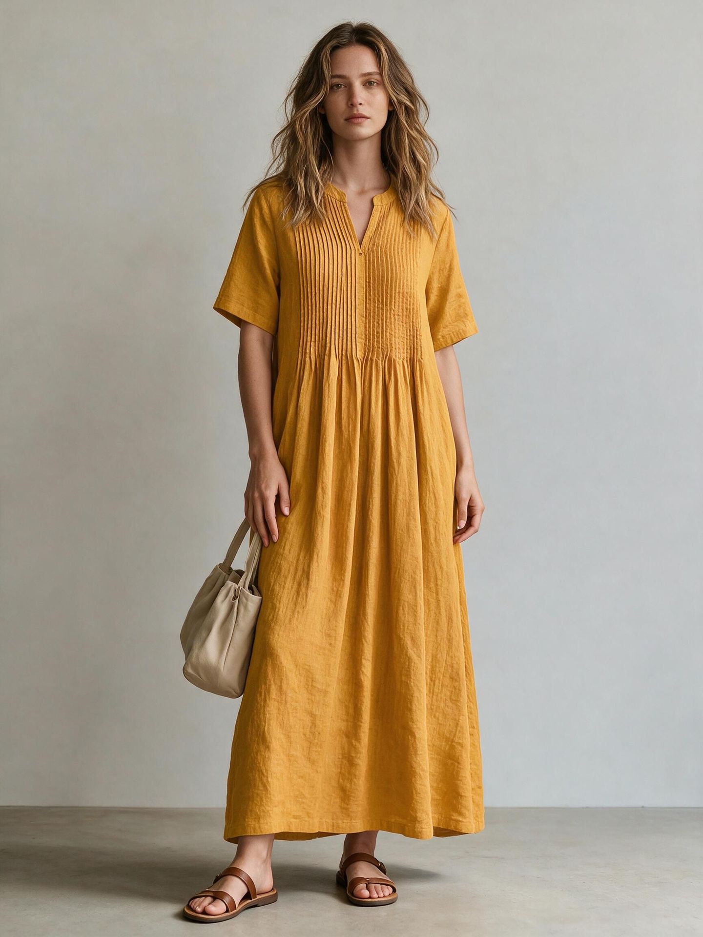 Women's V-Neck Short Sleeve Pleated Cotton Linen Midi Dress