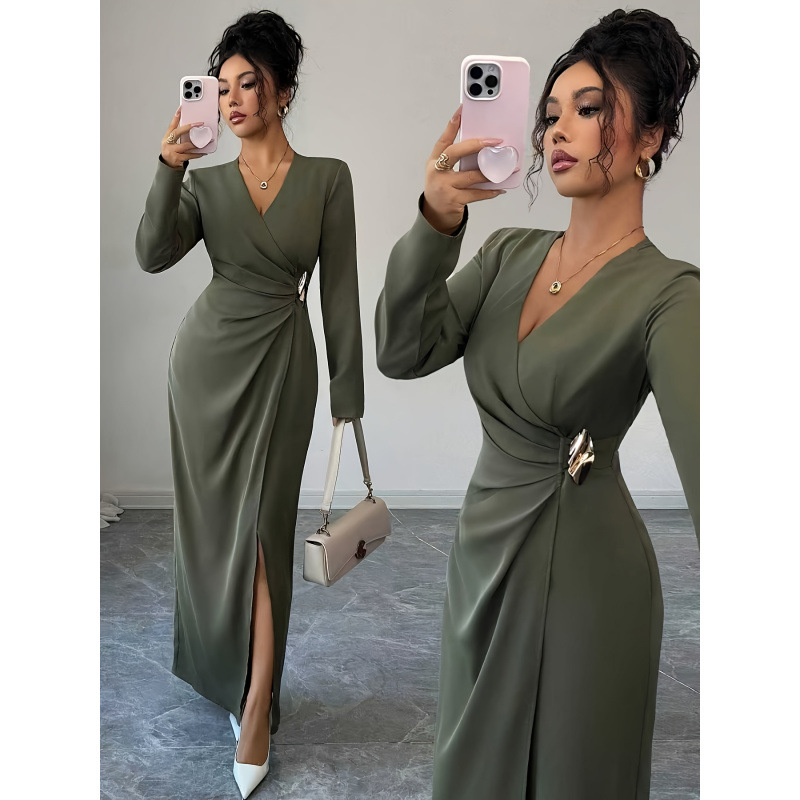 Women's Solid V-Neck Ruched Waist Slit Long Sleeve Dress with Metal Button