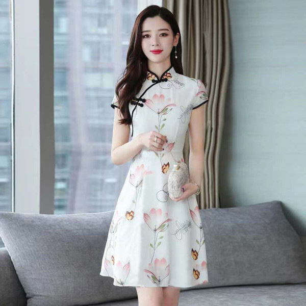 Floral Print Modified Qipao Dress Slimming A-Line Midi