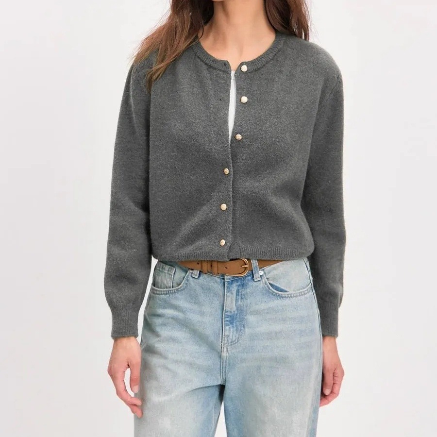 Long Sleeve Knit Cardigan with Gold Buttons Crew Neck Solid Color Loose Sweater Coat