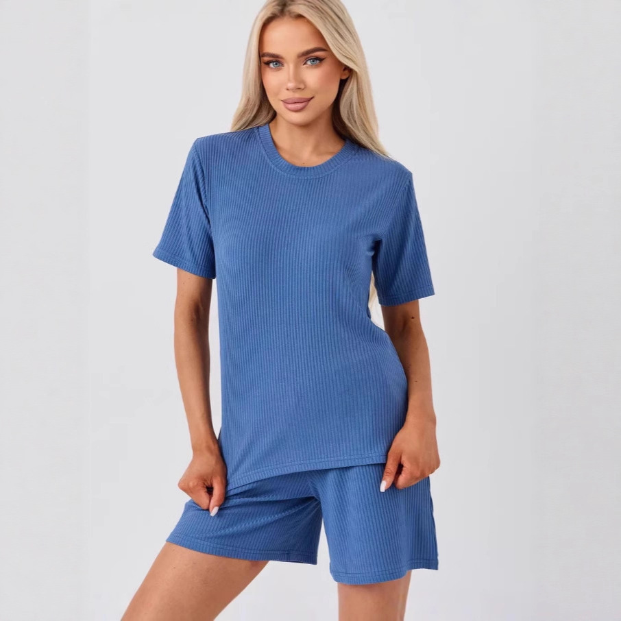 Women's Ribbed Short Sleeve & Shorts Two-Piece Set