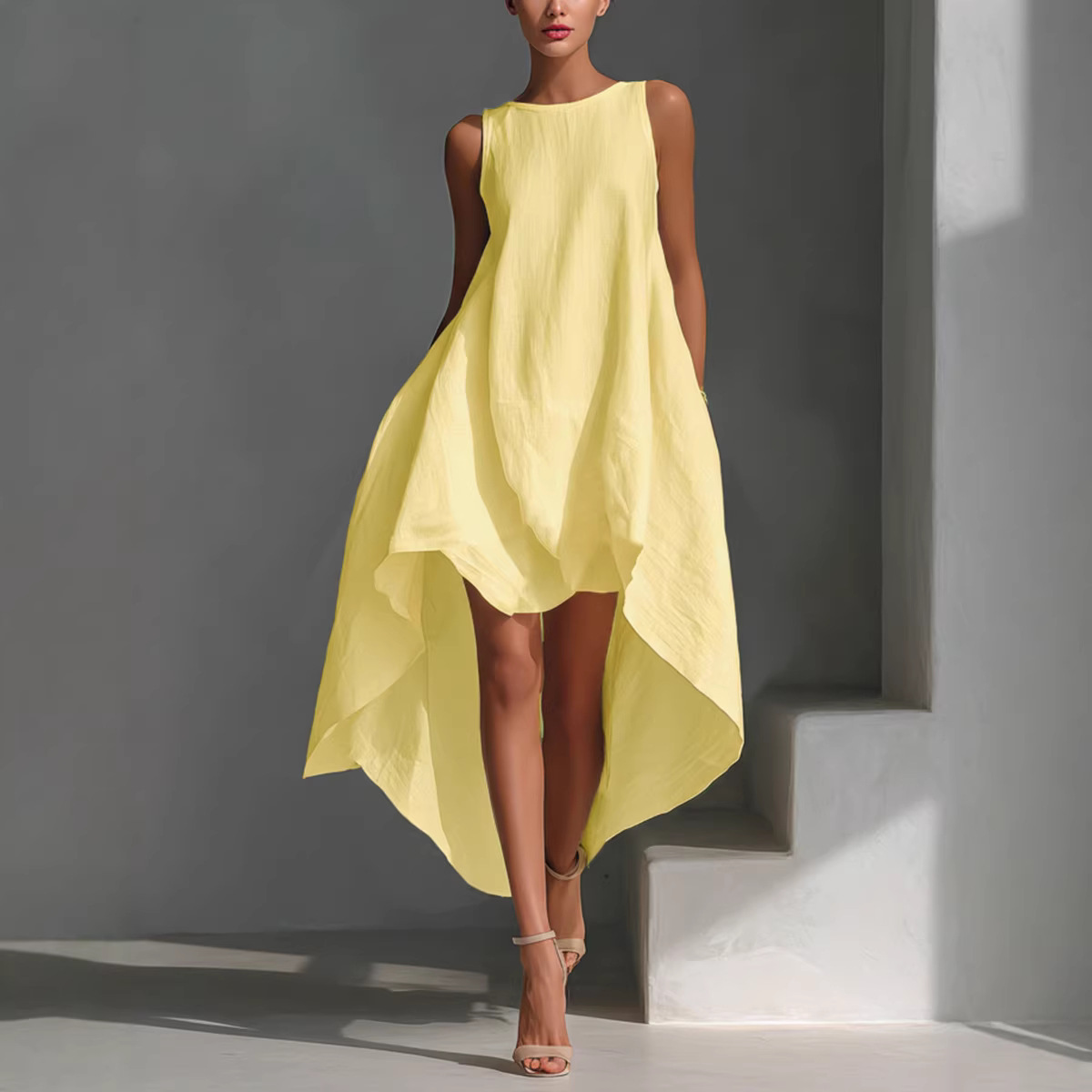 Sleeveless High-Low Cotton-Linen Blend Dress