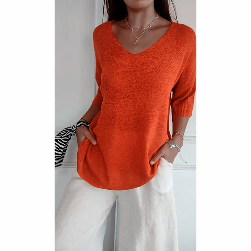 Women's V-Neck 3/4 Sleeve Solid Knit Top Slimming Casual Pullover