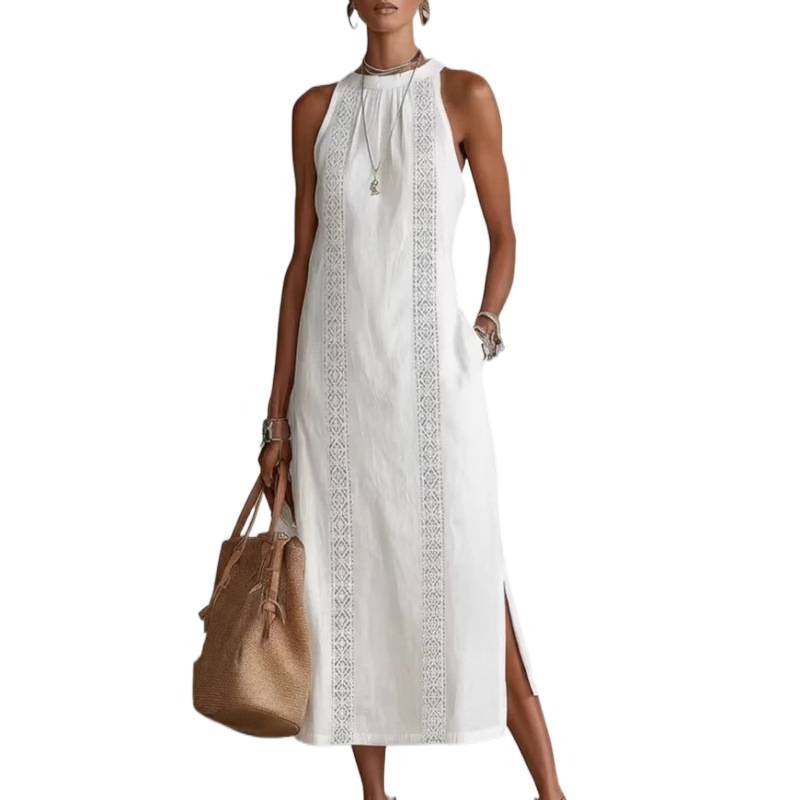 Women's Halter Neck Sleeveless Lace Panel Midi Dress