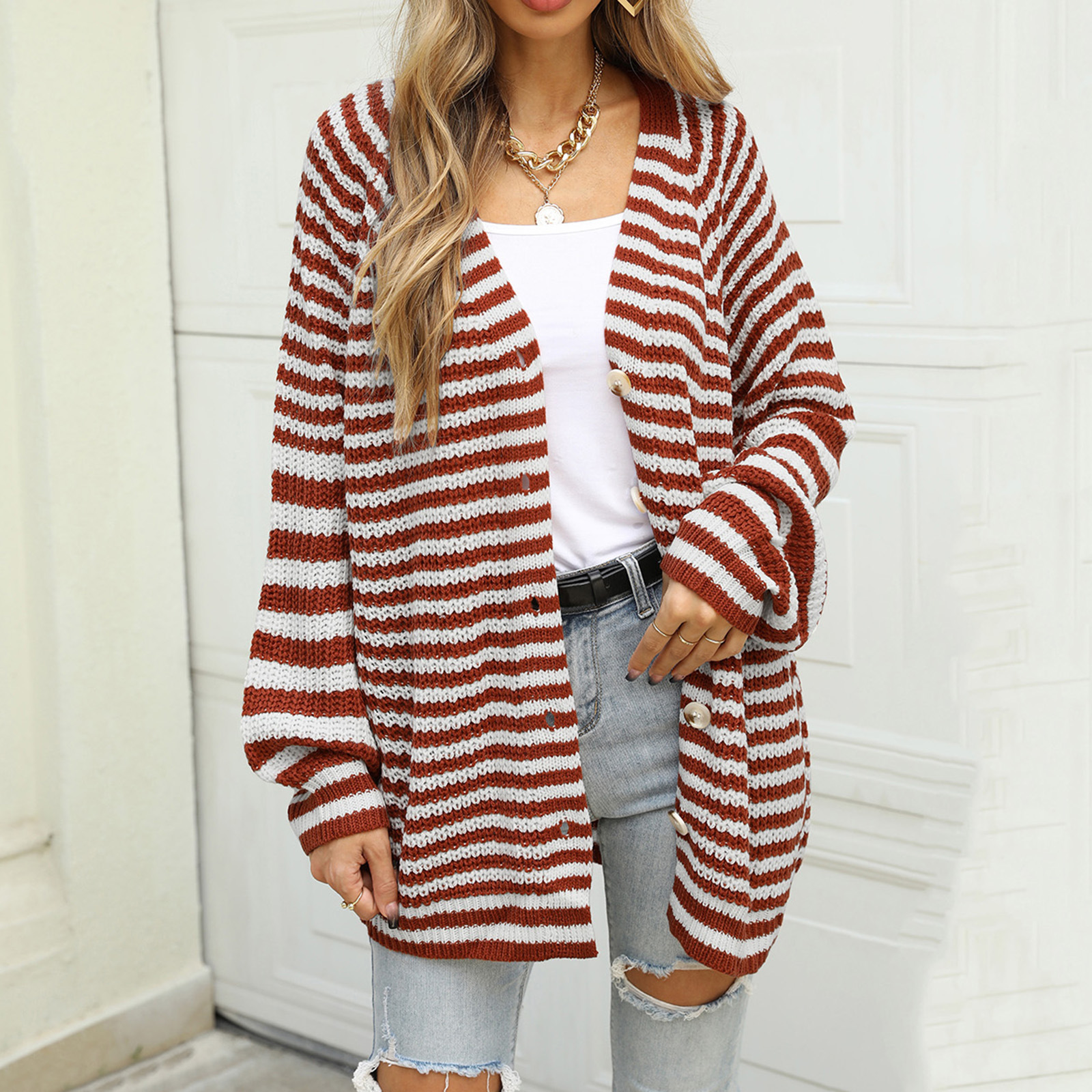 Women's High Neck Loose Knit Sweater with Buttons
