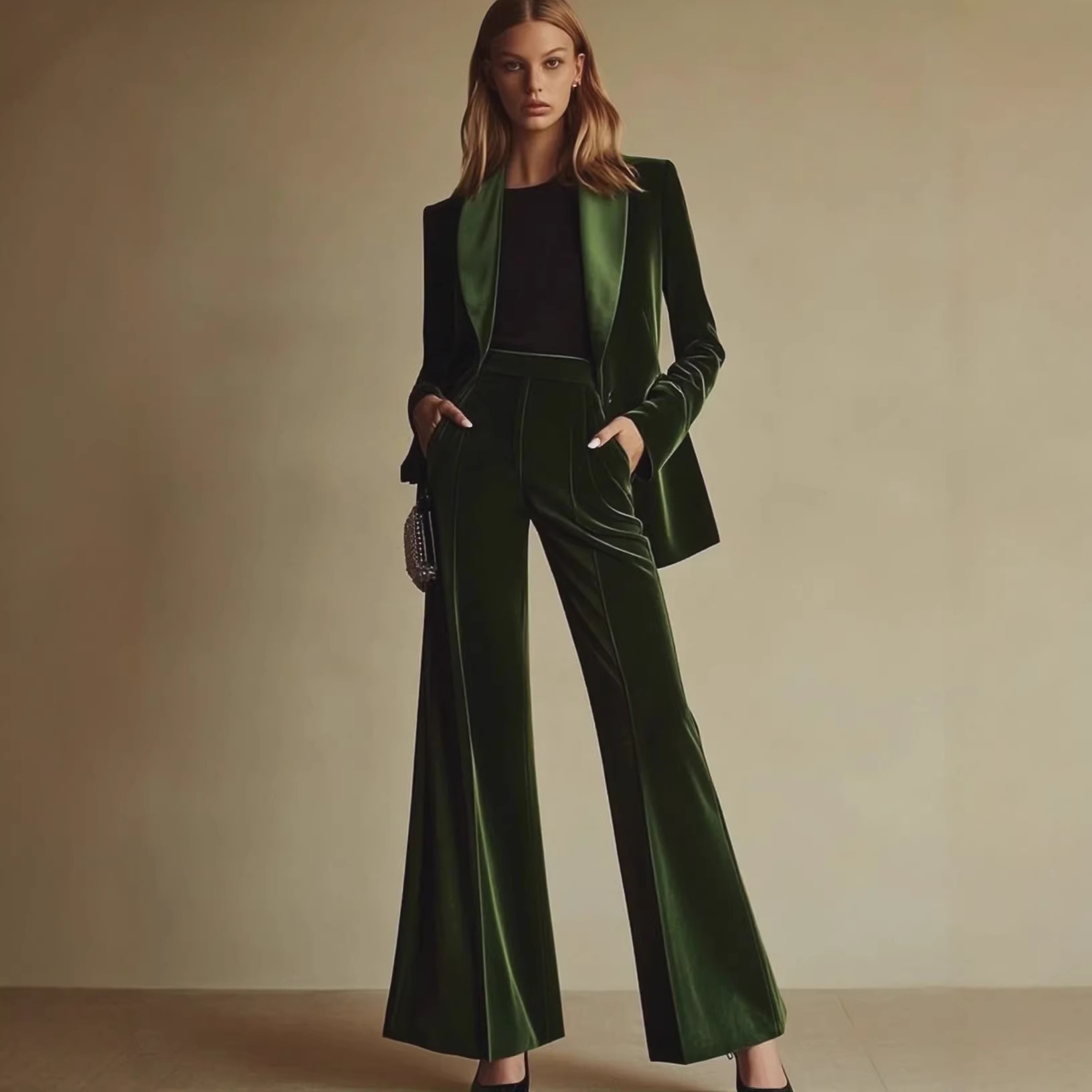 Velvet Blazer and Slim Pants Two-Piece Set for Women