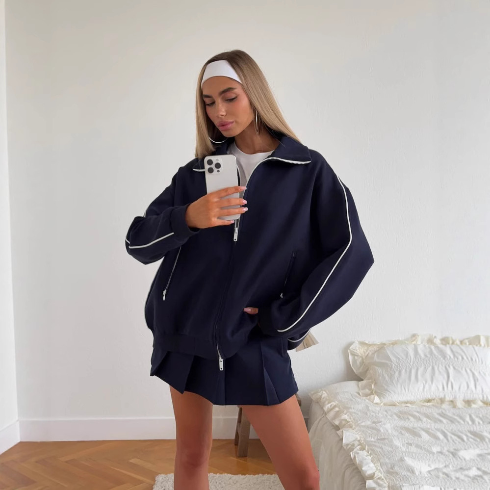 Women's Zip-Up Cardigan and Drawstring Mini Skirt Two-Piece Set