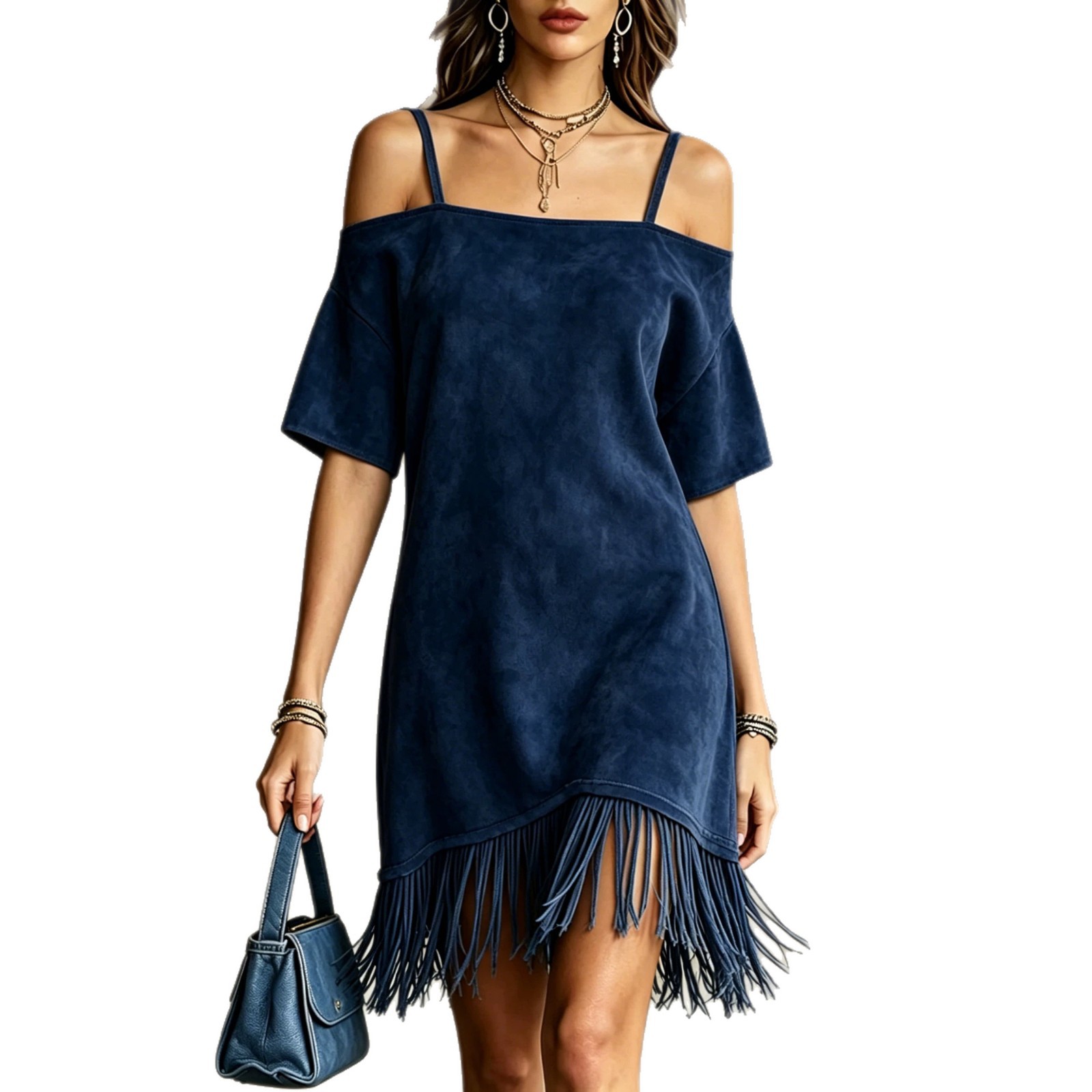 Suede Off-Shoulder Cami Dress with Fringe Hem Western Midi