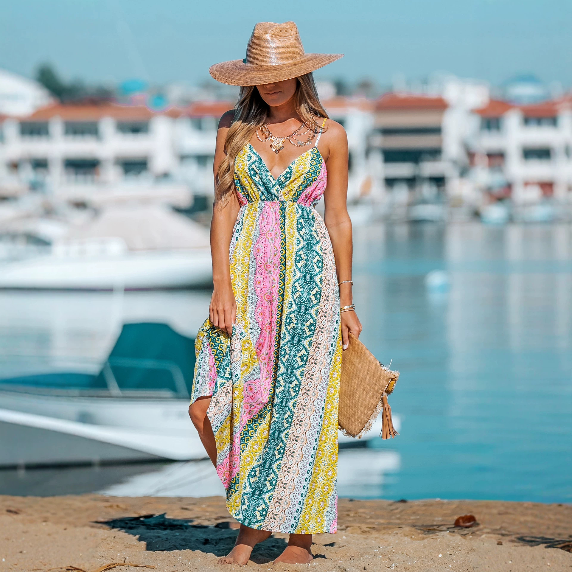 V-Neck Open-Back Cami Printed Maxi Dress