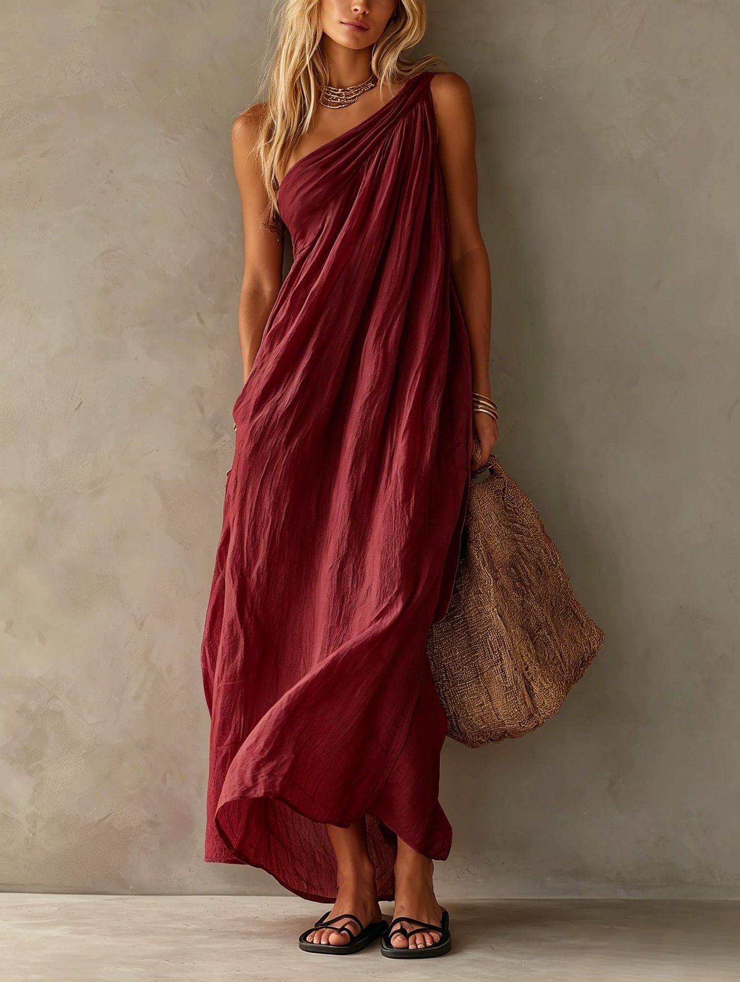 2026 Amazon Cross-Border Women's One-Shoulder Ruched Dress Loose Slimming Solid Color Beach Vacation Long Dress