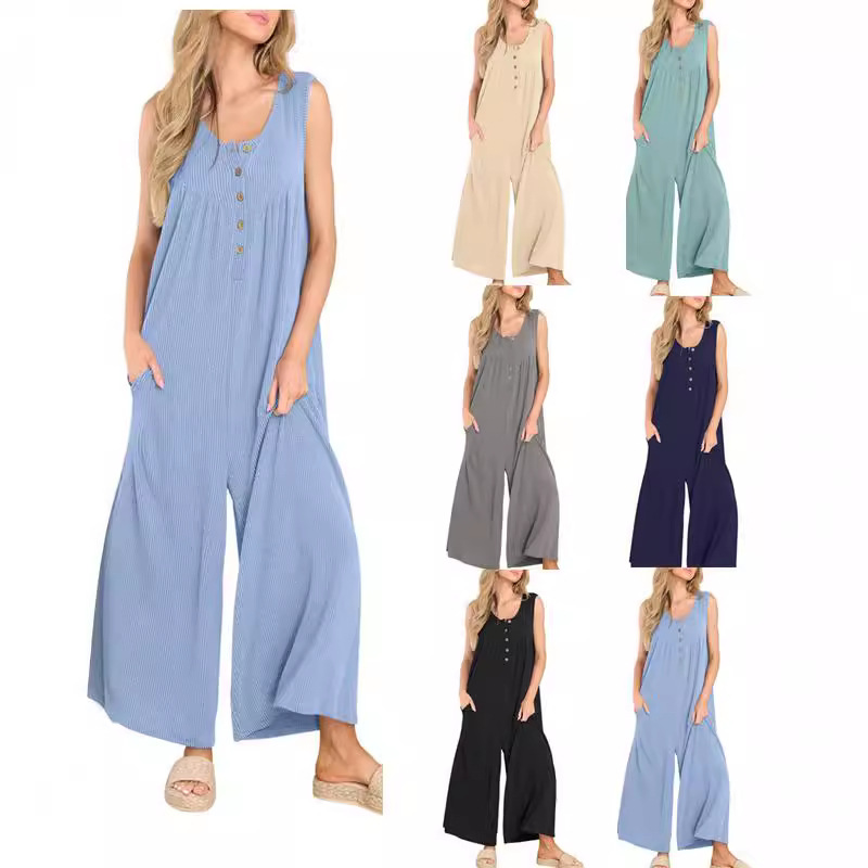 Women's Sleeveless Pocket Jumpsuit Casual Straight Leg