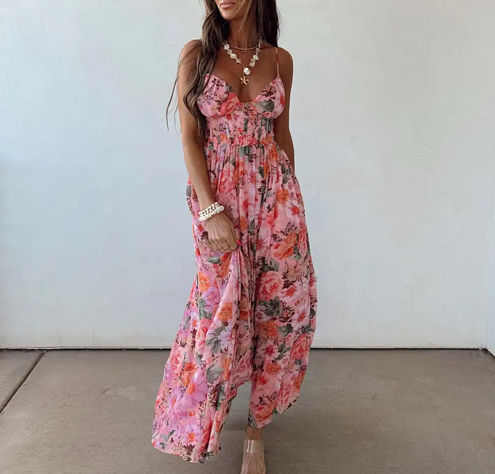 Vintage Floral V-Neck High-Slit Cami Maxi Dress