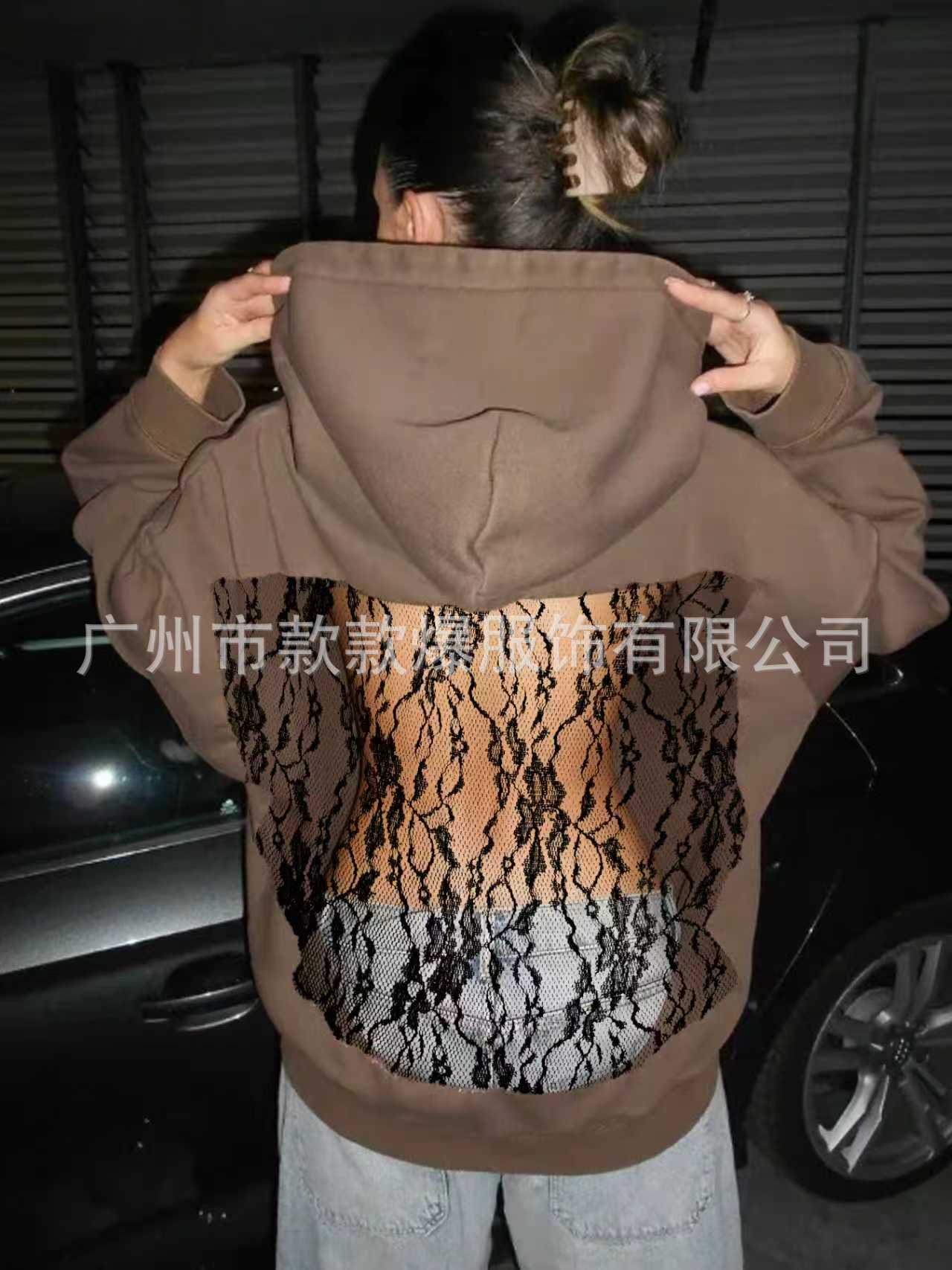Women's Solid Color Hooded Long Sleeve Open Back Lace Hoodie