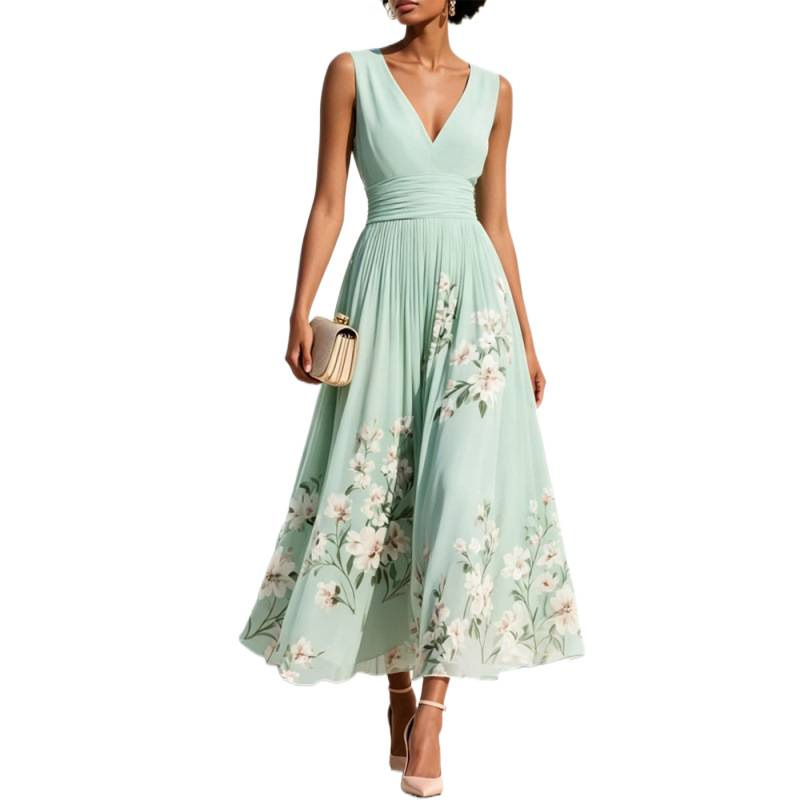 Floral Print Sleeveless V-Neck Pleated A-Line Maxi Dress