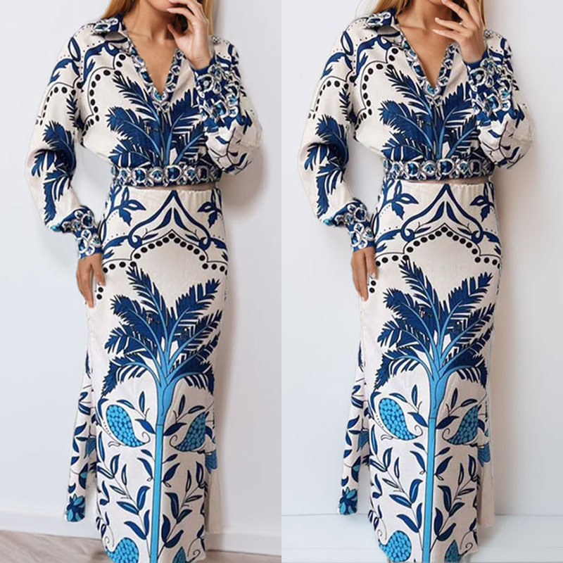 Women's Casual V-Neck Printed Long Dress Two-Piece Set