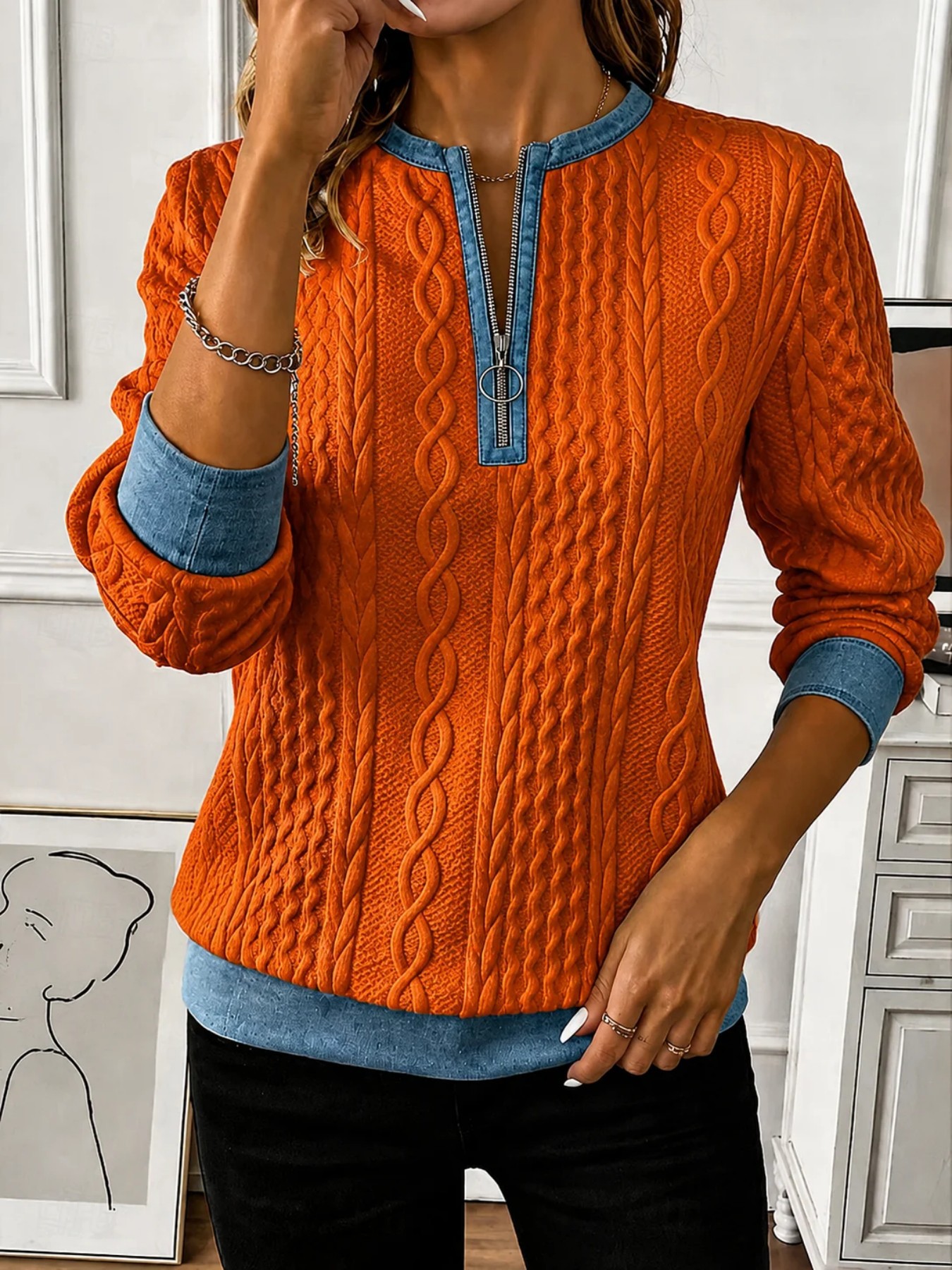 Solid Print Half-Zip Hoodie for Women
