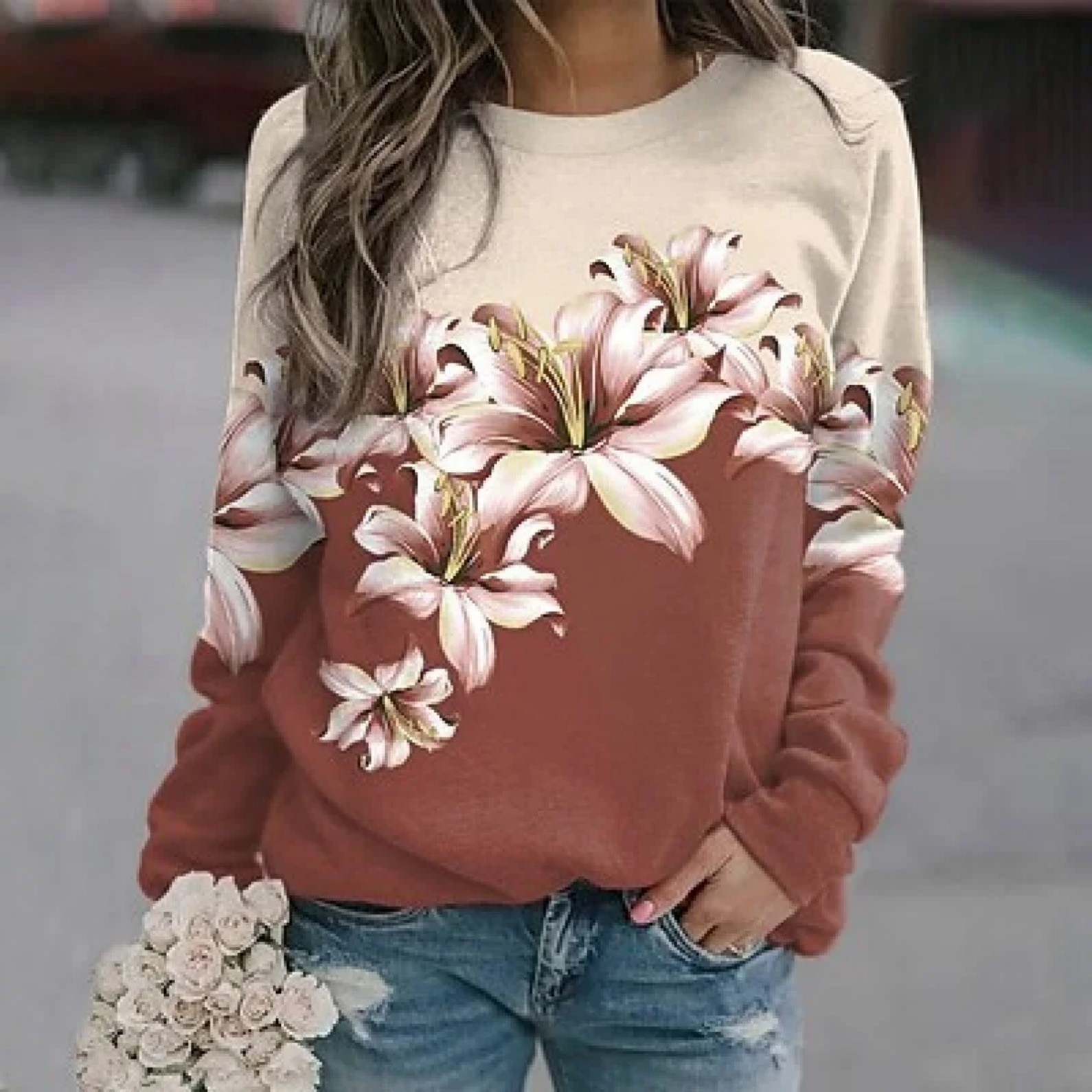 Women's Floral Print Crewneck Sweatshirt