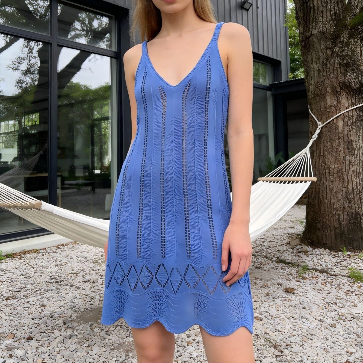 Blue Knit Cutout Sleeveless Beach Dress