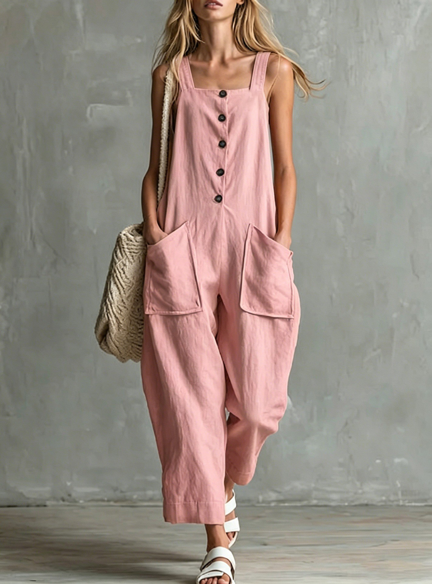 Women's Linen-Blend Wide-Leg Jumpsuit with Pockets