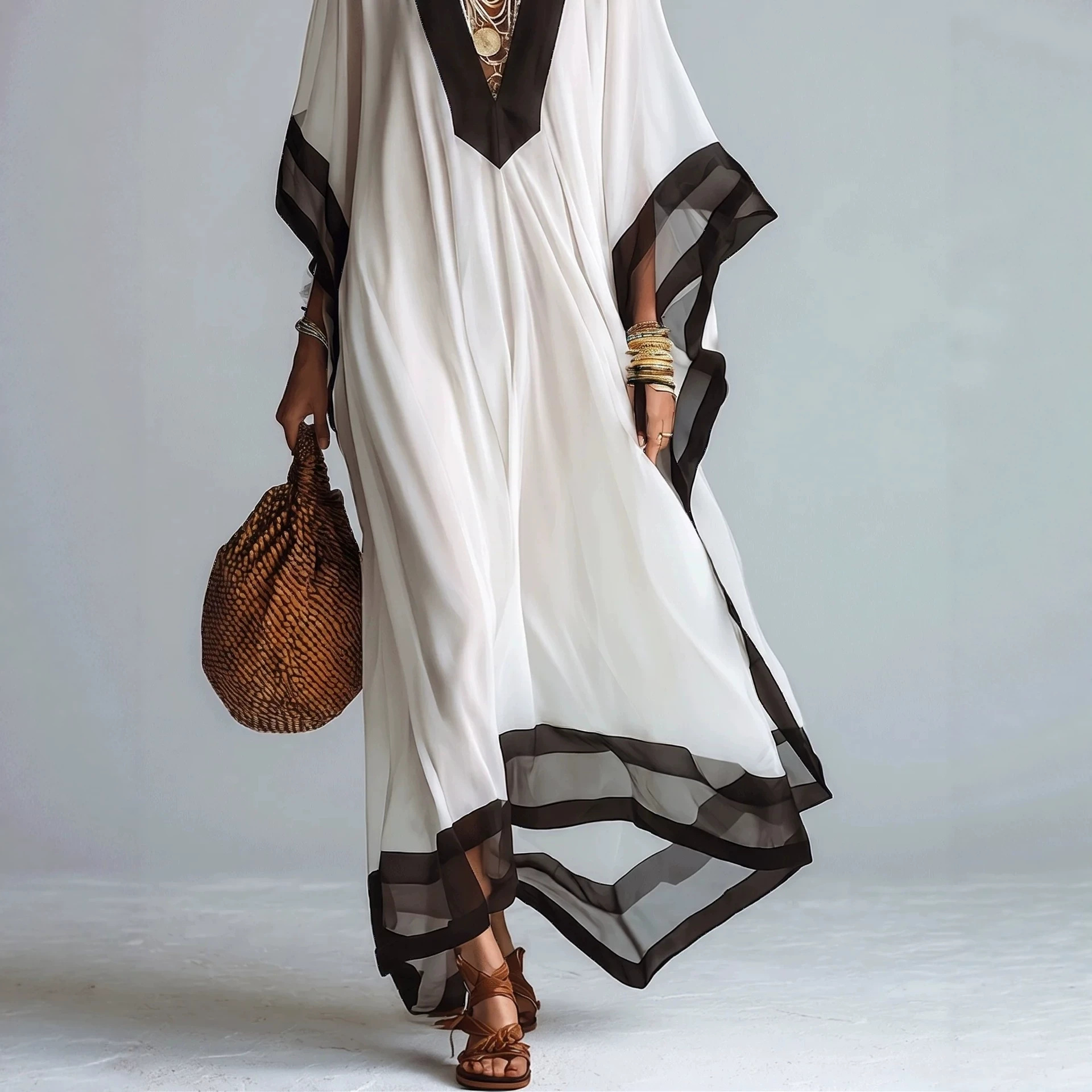 French Black and White Colorblock V-Neck Batwing Sleeve Maxi Dress