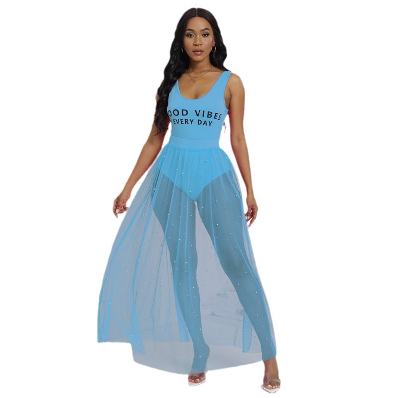 Sexy Sheer Mesh Two-Piece Bodysuit and Maxi Skirt Set with Hand-Beaded Details