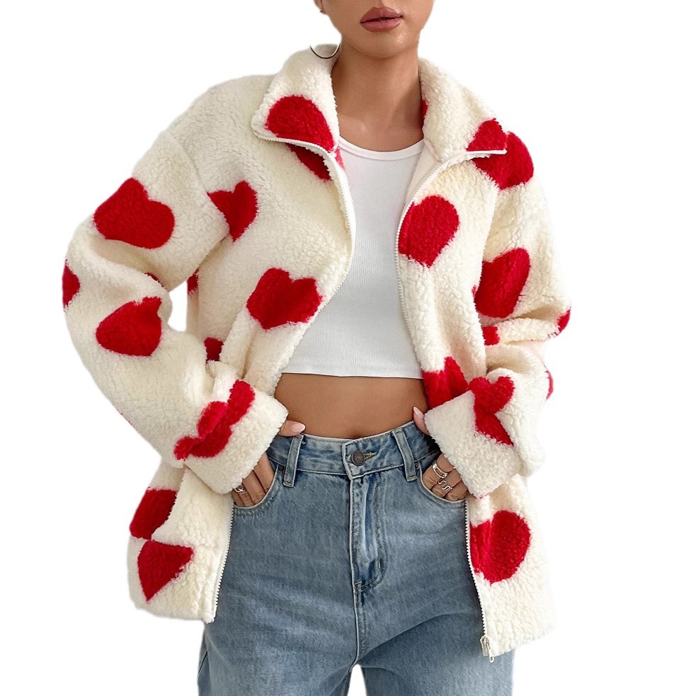 Fuzzy Heart Print Loose Long Sleeve Zip Cardigan Jacket