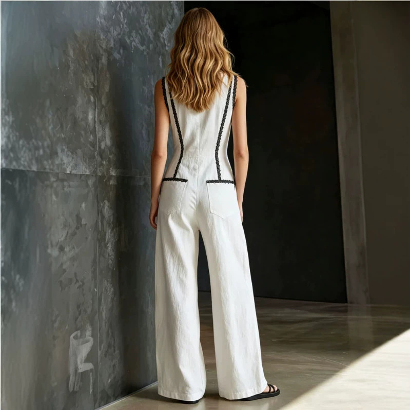 Women's Casual Vintage Lace Trim White Sleeveless Wide Leg Jumpsuit