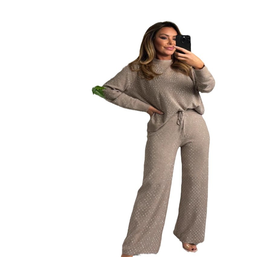 Rhinestone Long Sleeve Crewneck Top and Wide-Leg Pants Set