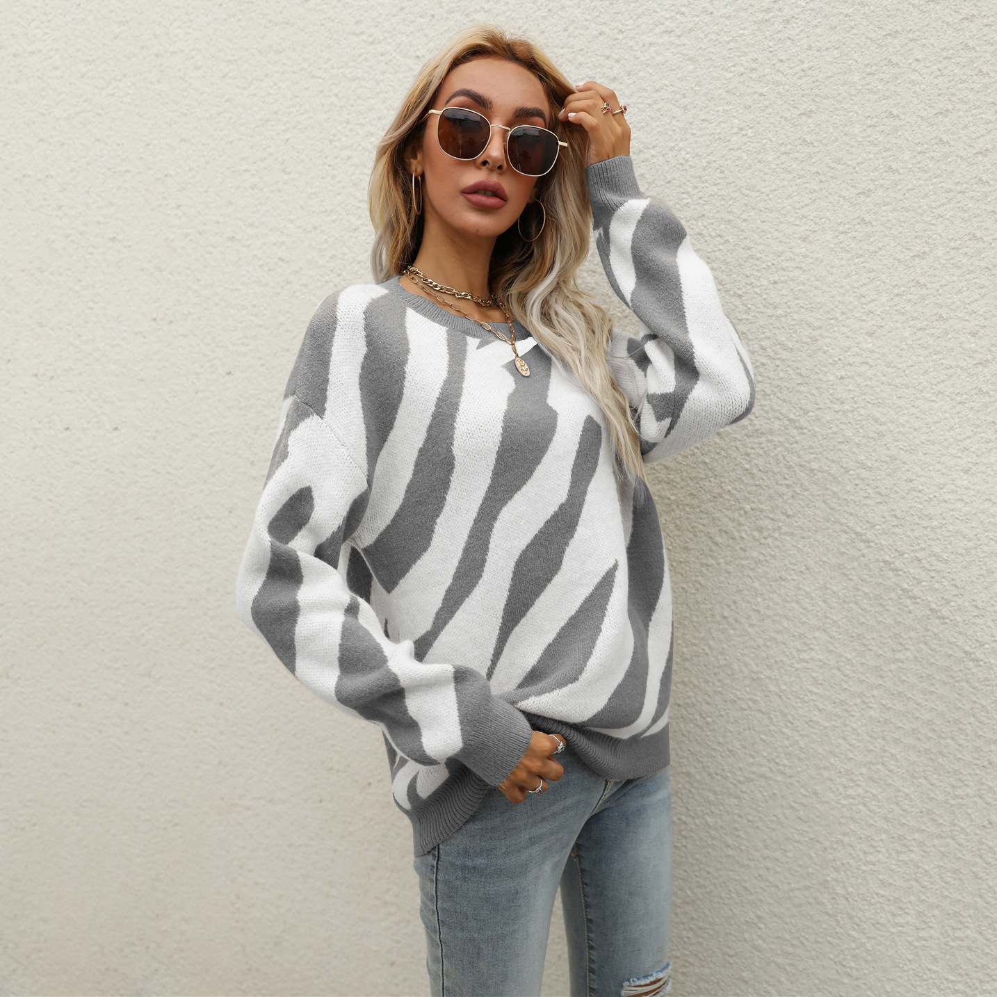 Striped Knit Pullover Sweater with Round Neck, Plus Size