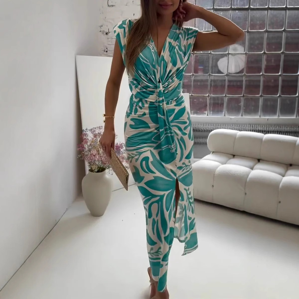 Women's V-Neck Sleeveless Floral Print A-Line Midi Dress