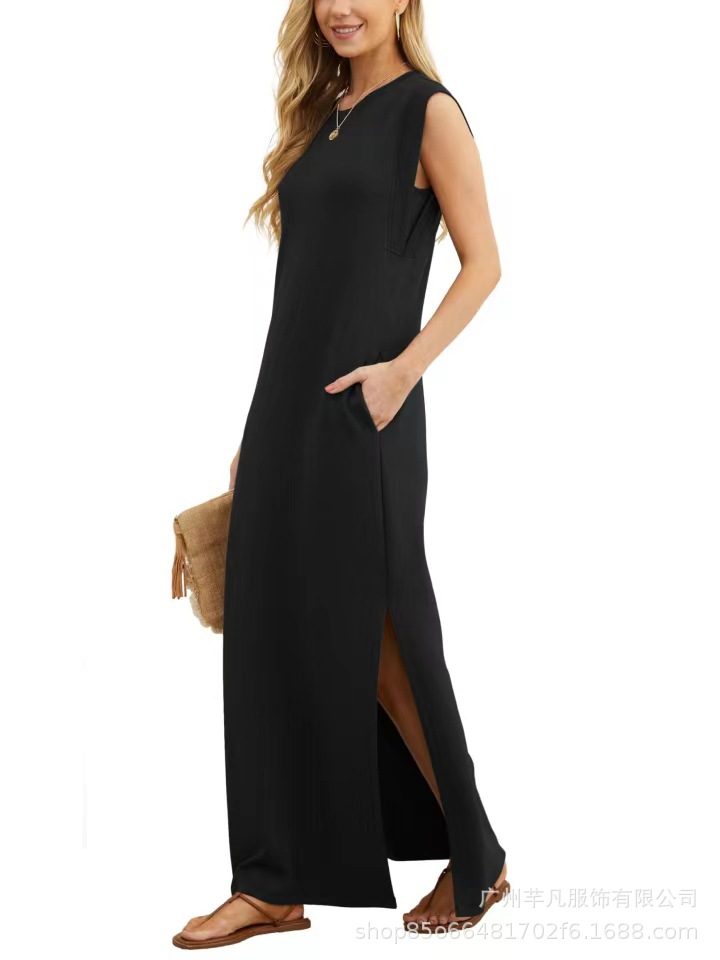 Women's Summer Casual Loose Long A-Line Dress Sleeveless Round Neck