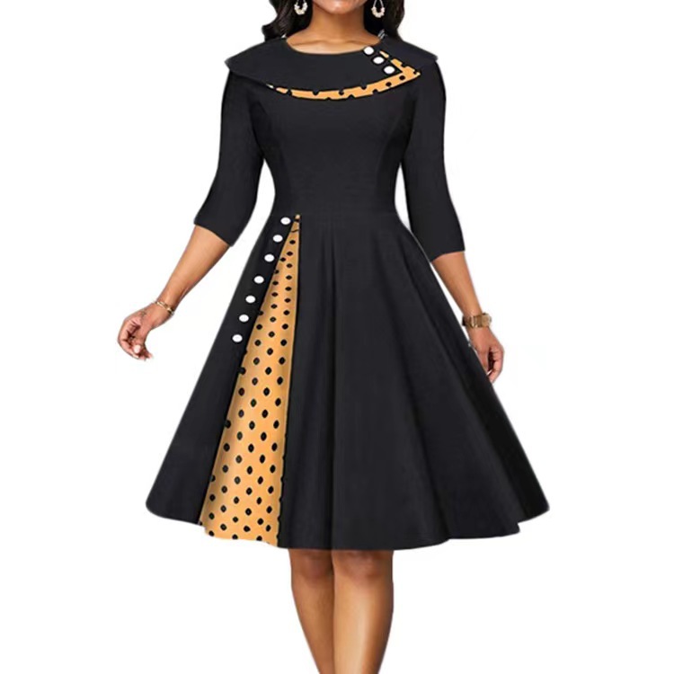 Women's Retro Polka Dot Waist-Cinched Flared Midi Dress