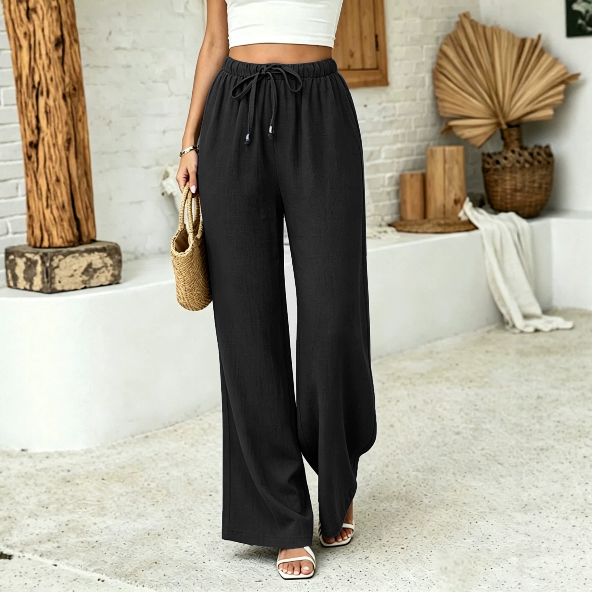 Women's Linen-Blend Drawstring High-Waist Wide-Leg Pants