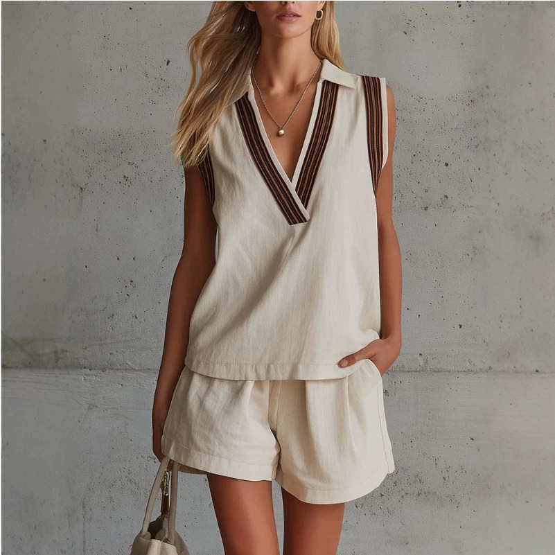 Women's Sleeveless Cotton-Linen Shirt and Shorts Set Colorblock Casual