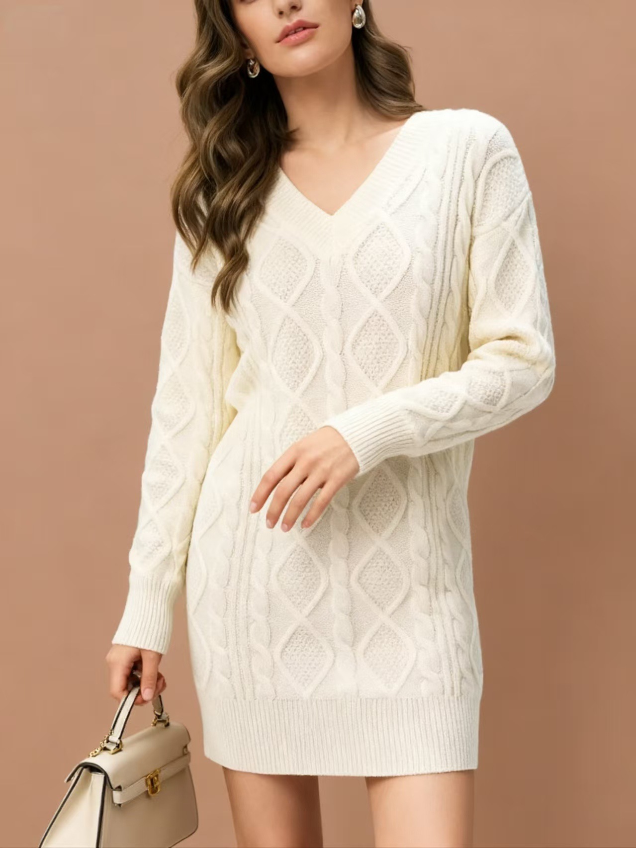 V-Neck Cable-Knit Midi Sweater Dress Solid Color