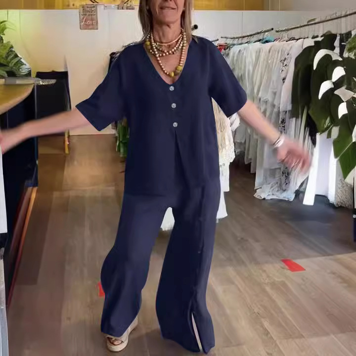 Solid Color Short Sleeve Button Slit Cotton Linen Pant Set