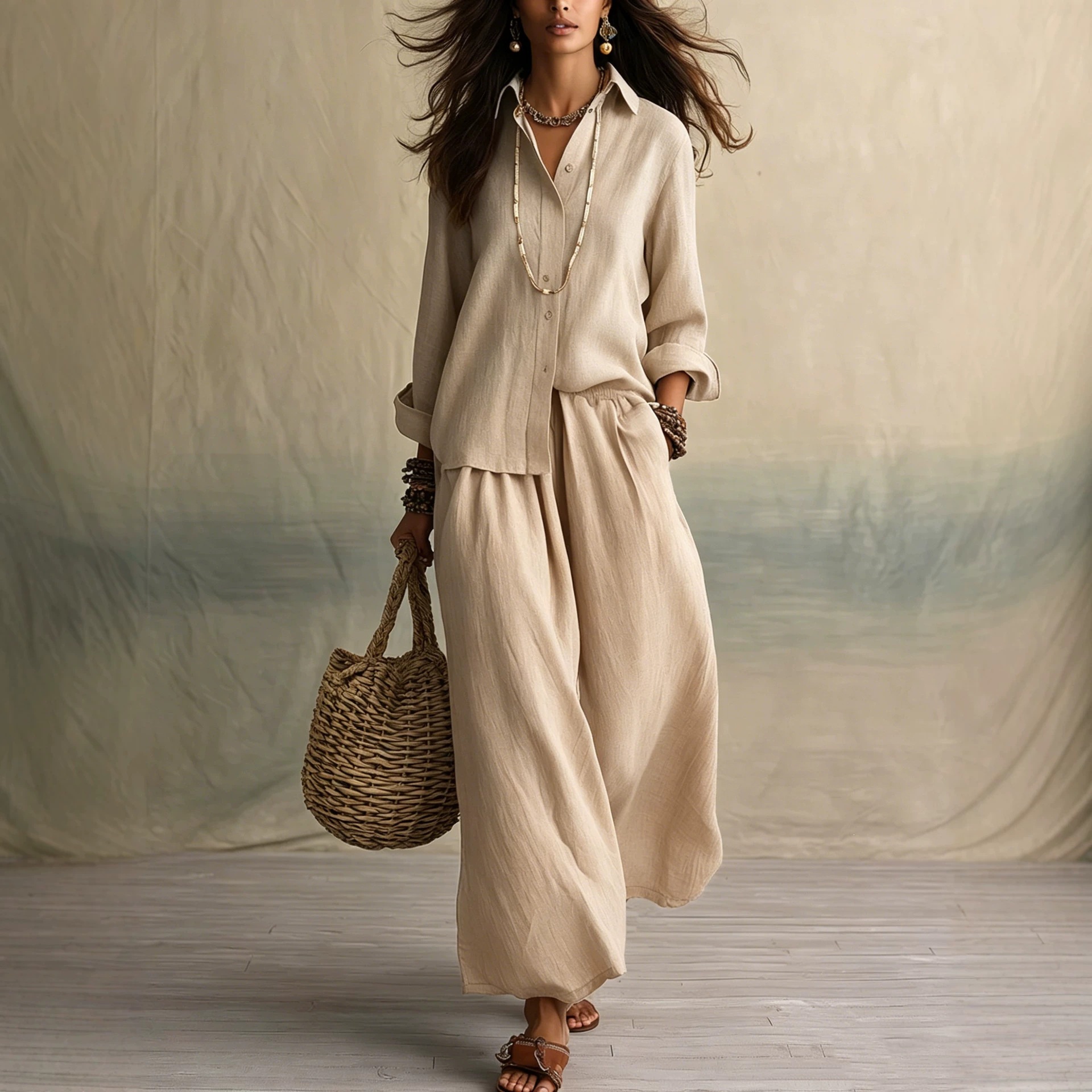 Women's Loose Cotton-Linen Shirt Collar Two-Piece Pants Set