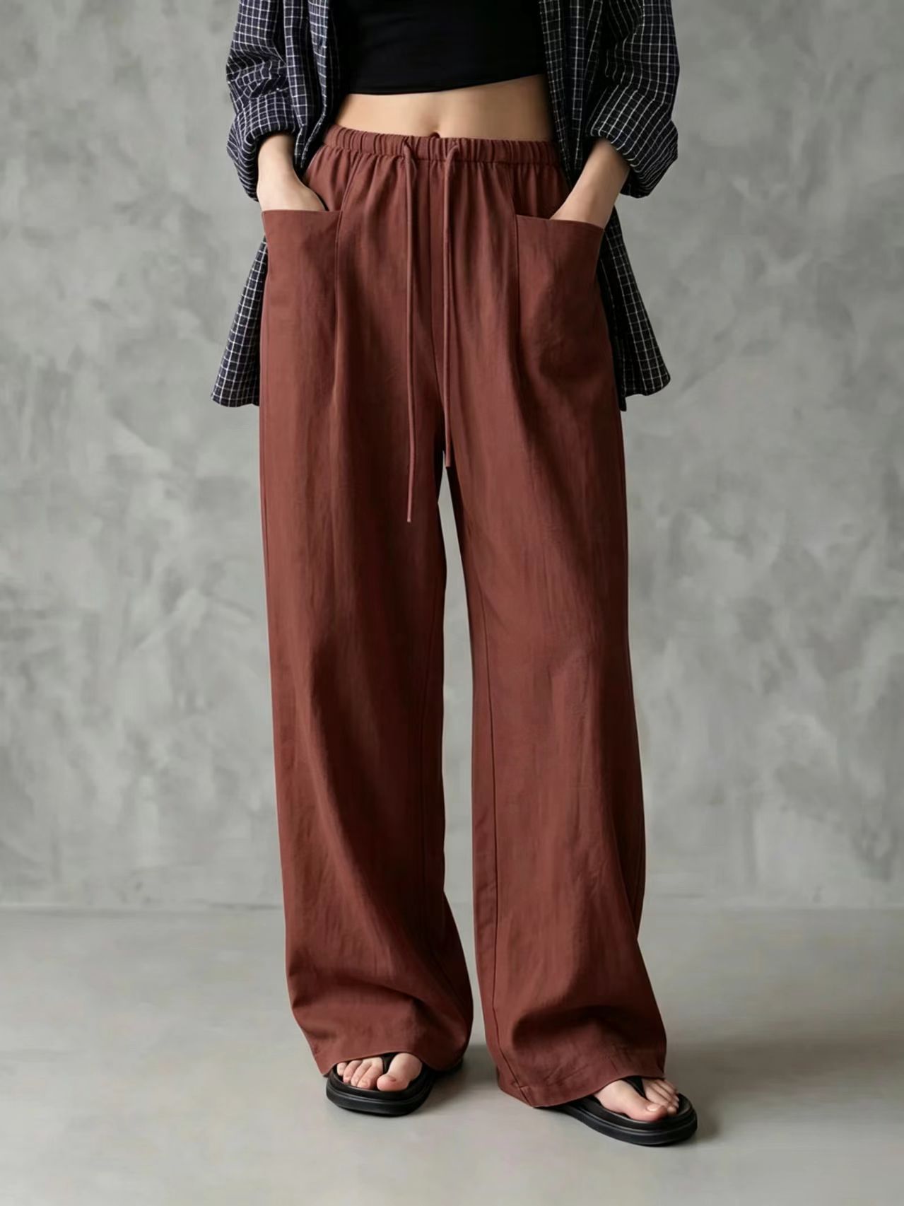 Women's Solid Color Wide-Leg High-Waist Loose Tie Casual Pants
