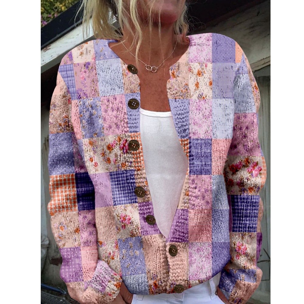 Women's Plaid Floral Print Button-Down Cardigan Sweater