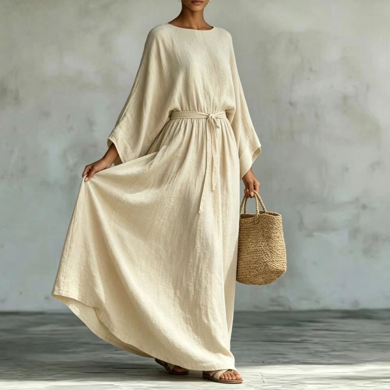 Lazy Style Cotton-Linen Tie-Waist Wide-Sleeve Maxi Dress