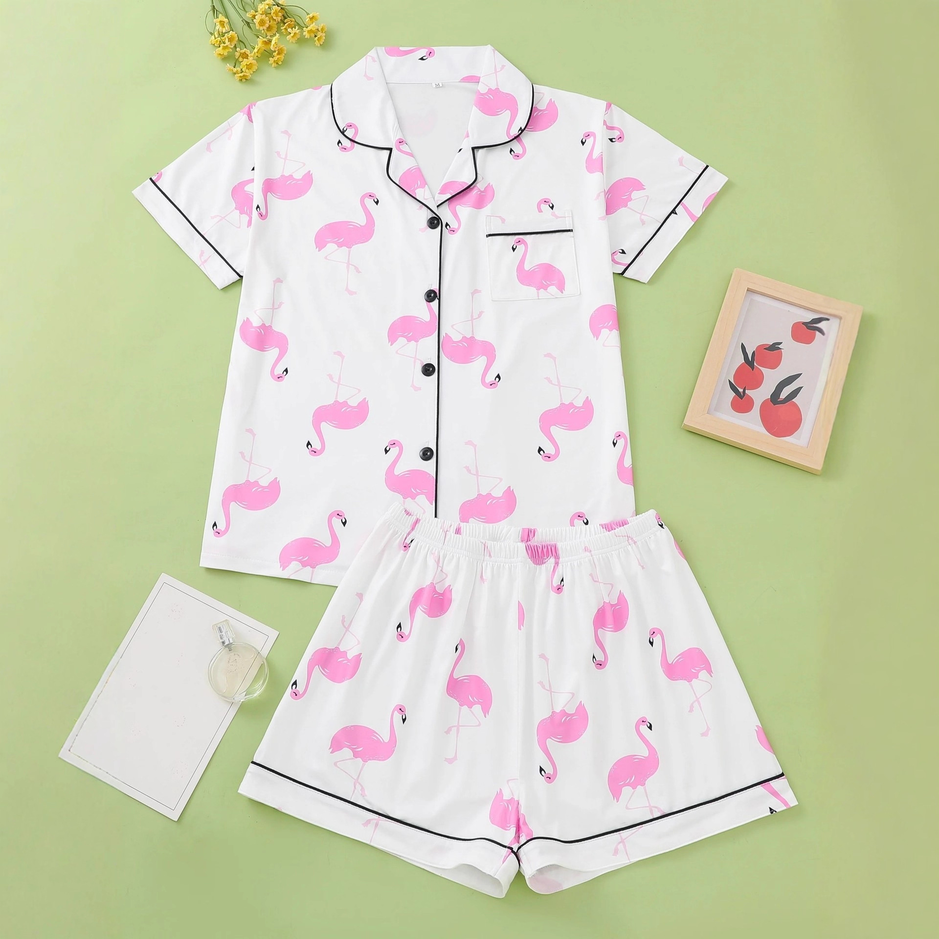 Women's Flamingo Print Collared Shirt Set Casual Loungewear